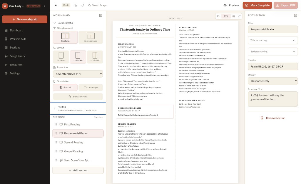 A real screenshot of the WorshipAid.com builder, showing the worship aid editor with sidebar, layout options, and a live page preview.